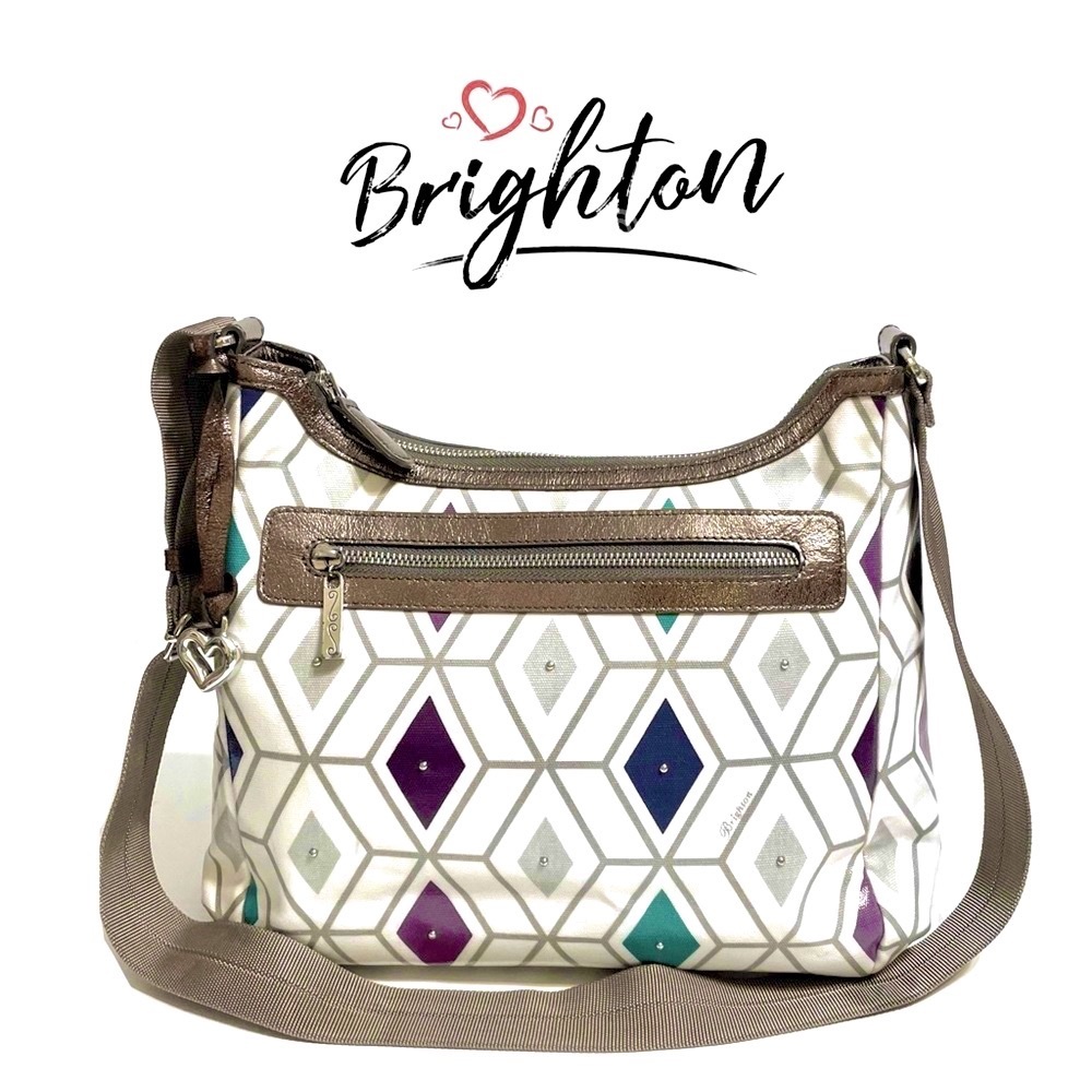 Brighton Geometric High Gloss Coated Canvas White & Pewter Leather Trimmed Bag